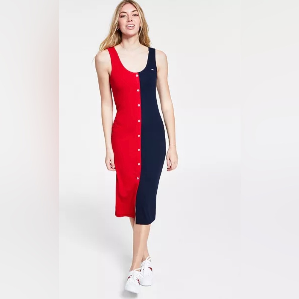Tommy Jeans Women's Colorblocked Faux-Button Midi Dress- SCARLET/ SKY CAPTAIN